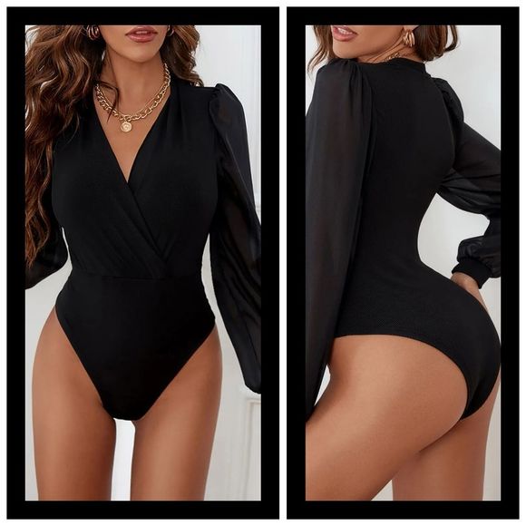 (Out Of Stock) Black Long Sleeve V-Neck Bodysuit - Picture 2 of 5